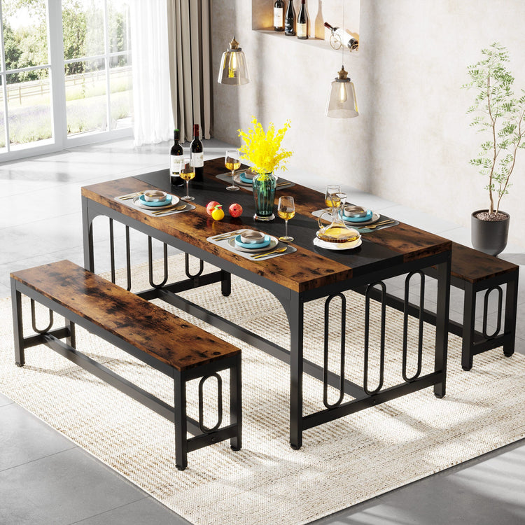Dining Table Set, 3-Piece Kitchen Table with 2 Benches for 4-6 People Tribesigns