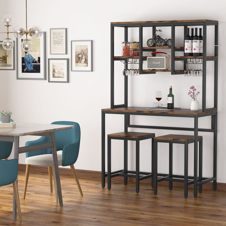 Bar Table Set, Industrial Pub Table with 2 Bar Stools & with Glass Holder Tribesigns