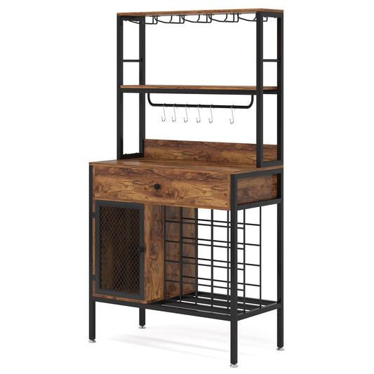 Wine Rack, 64" Wine Bar Cabinet with 6 Hooks & Drawer Tribesigns