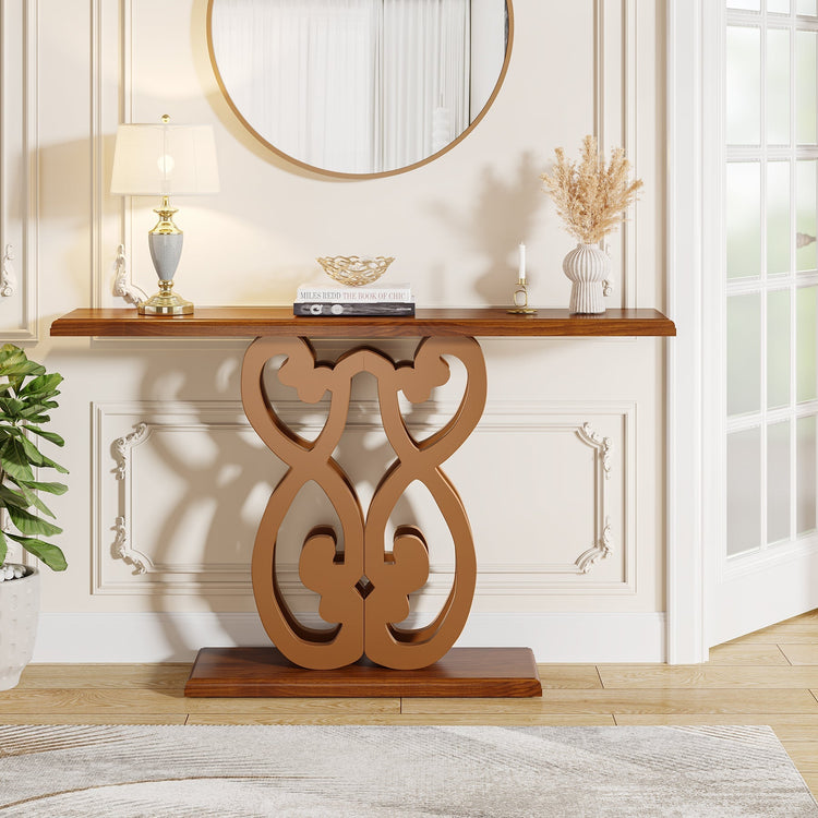 55" Wood Console Table, Mid-Century Modern Entryway Table with Geometric Base Tribesigns
