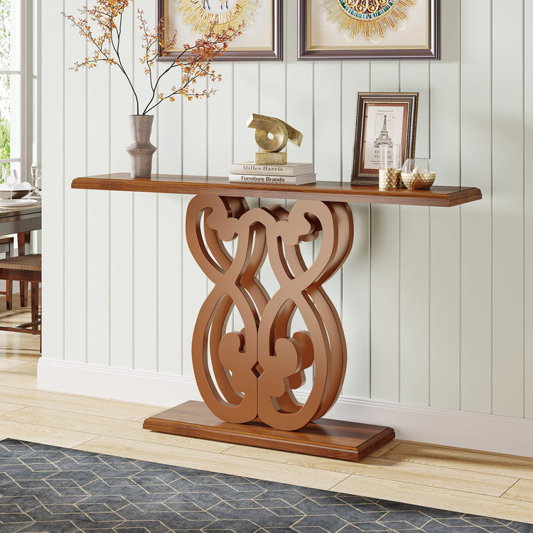 55" Wood Console Table, Mid-Century Modern Entryway Table with Geometric Base Tribesigns
