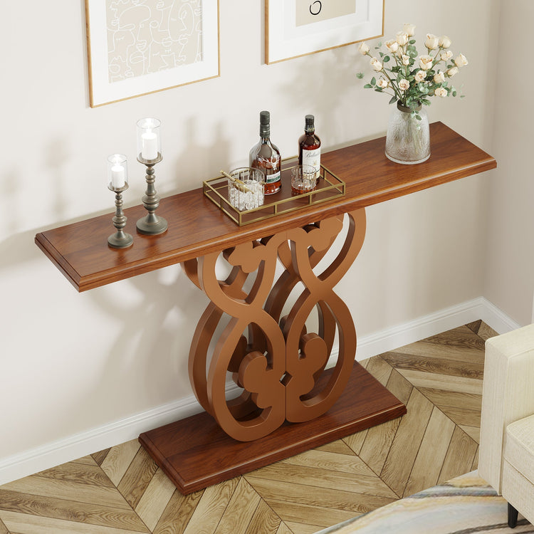 55" Wood Console Table, Mid-Century Modern Entryway Table with Geometric Base Tribesigns