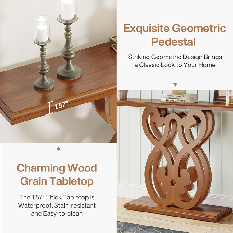 55" Wood Console Table, Mid-Century Modern Entryway Table with Geometric Base Tribesigns