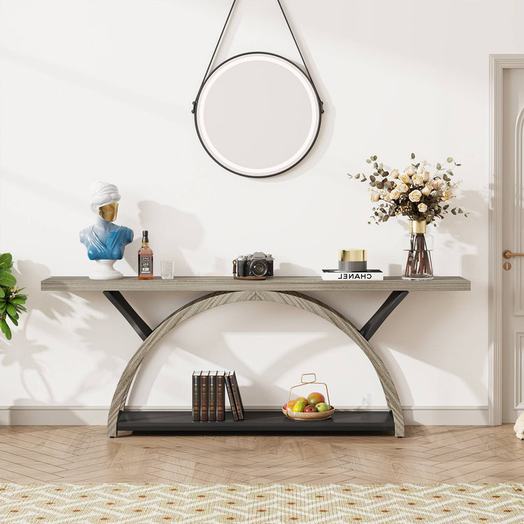 2-Tier Console Table, 70.9" Entryway Table with Half Moon Frame Tribesigns