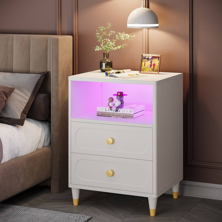 Nightstand, 2-Drawer Bedside Table with LED Light & Storage Shelf Tribesigns