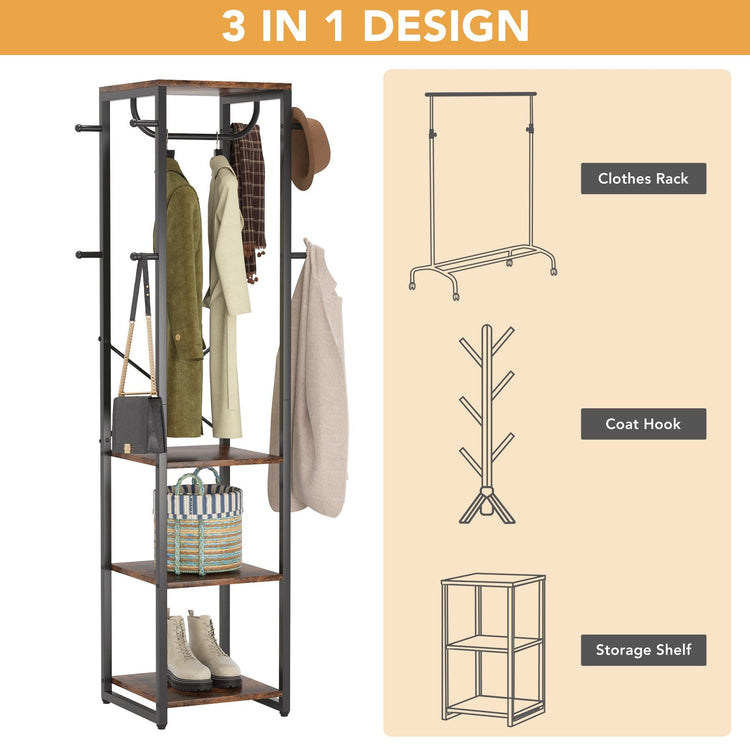 Coat Rack, Freestanding Corner Hall Tree with 4 Shelves 8 Hooks Tribesigns