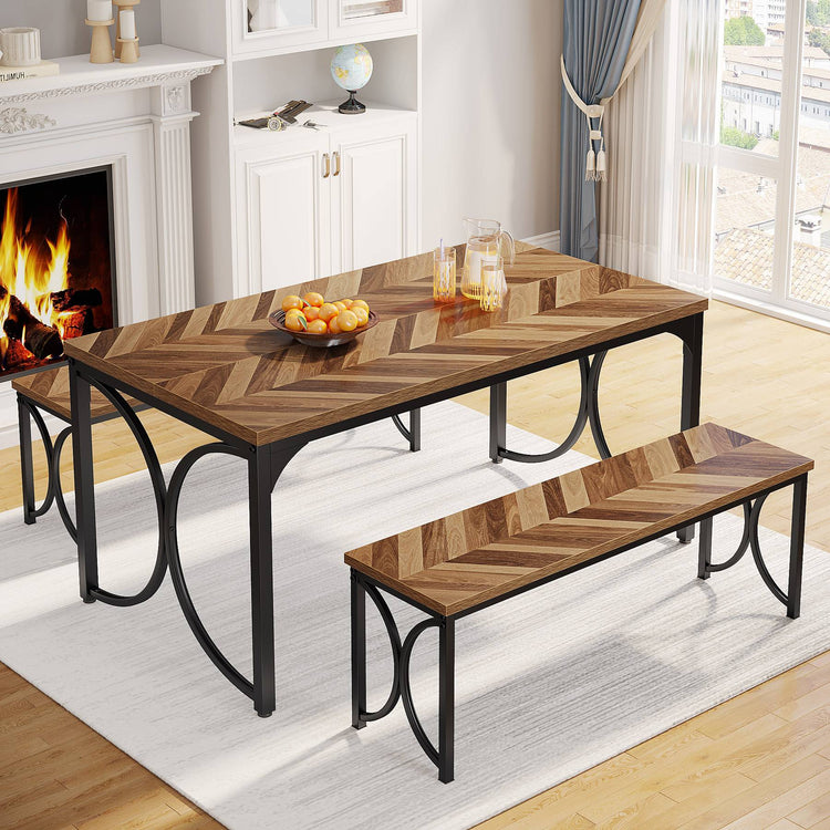 3-Piece Dining Table Set, 47'' Rectangular Kitchen Table with Two Benches Tribesigns