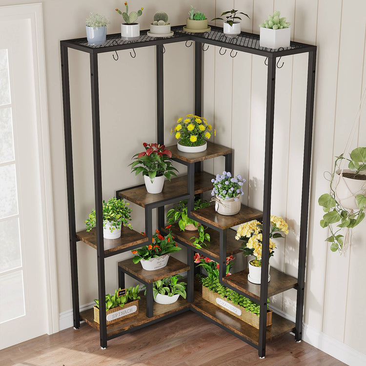 Corner Plant Stand, 70.9" Corner Flower Shelf with S Hanging Hooks Tribesigns
