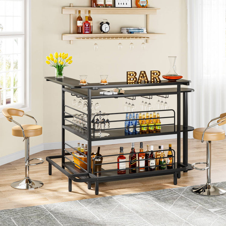 Home Bar Unit, 4 Tier L-Shaped Liquor Bar Table with Storage Shelves Tribesigns