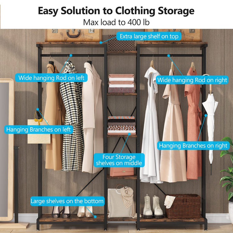 Freestanding Closet Organizer, Large Clothes Rack with Hooks & Shelves Tribesigns