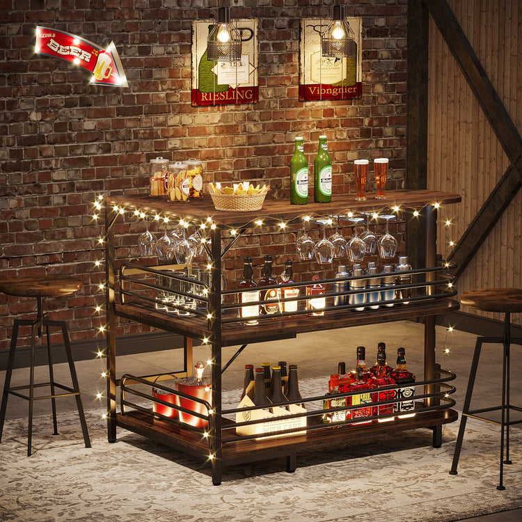 Bar Unit, 3 Tier L-Shaped Liquor Bar Table with Wine Glasses Holder Tribesigns