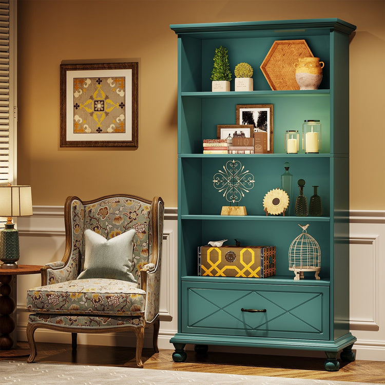 6-Shelf Bookcase with Drawer, 71" Bookshelf with Solid Wood Legs Tribesigns