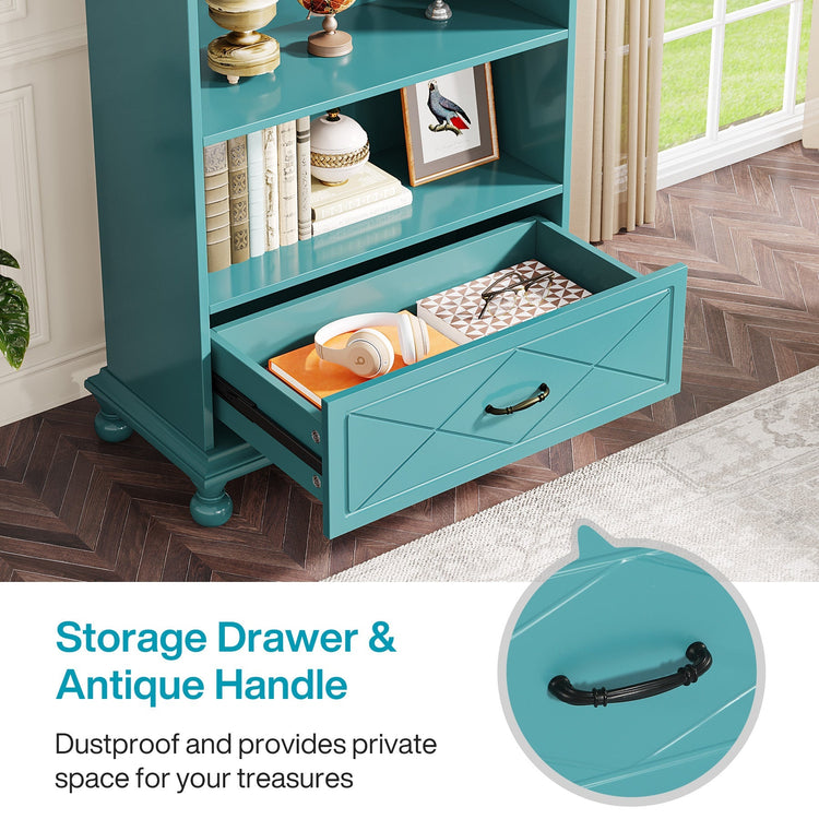 6-Shelf Bookcase with Drawer, 71" Bookshelf with Solid Wood Legs Tribesigns