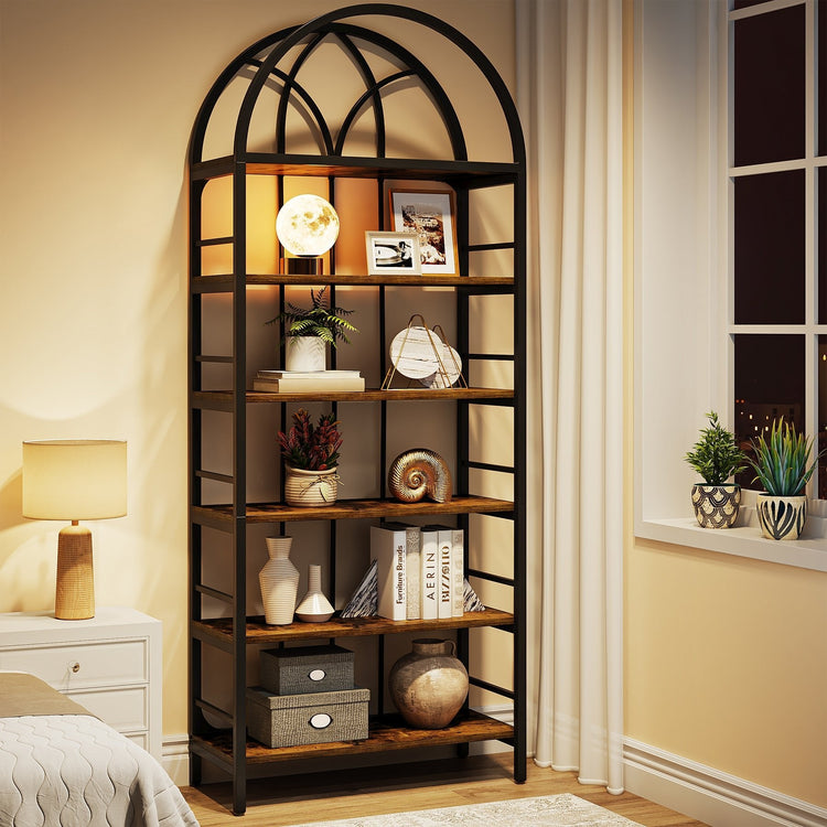 6-Tier Arched Bookshelf, 78.7" Industrial Bookcase Storage Shelving Unit Tribesigns
