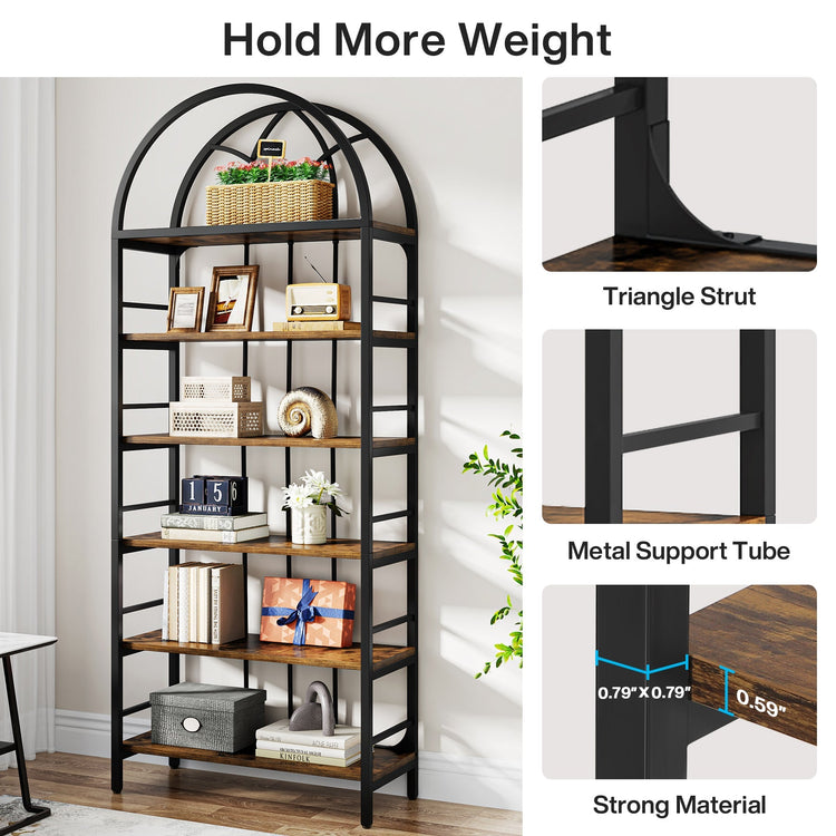 6-Tier Arched Bookshelf, 78.7" Industrial Bookcase Storage Shelving Unit Tribesigns
