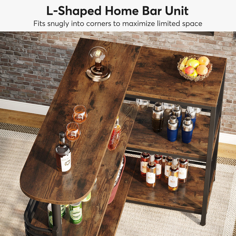 Bar Unit, 3 Tier L-Shaped Liquor Bar Table with Wine Glasses Holder Tribesigns