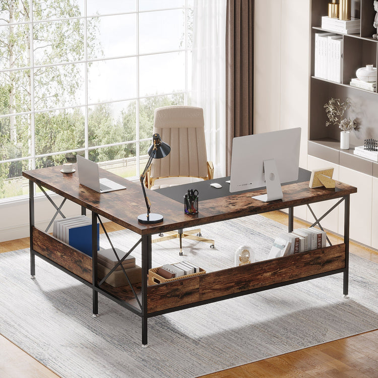 63" L-Shaped Computer Desk, Corner Desk with Bottom Storage Shelves Tribesigns