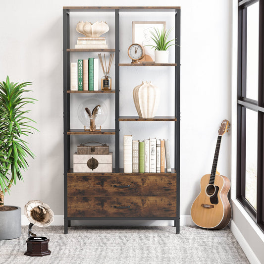 67" Bookshelf, Freestanding Etagere Bookcase with 2 Drawers & Shelves Tribesigns