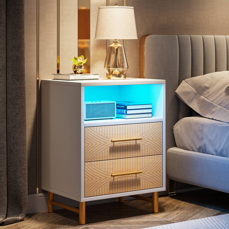 Nightstand, LED Bedside Table with 2 Drawers & Open Storage Tribesigns