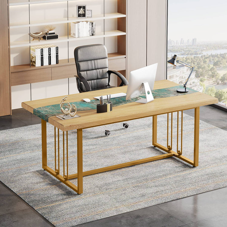 63" Executive Computer Desk with Faux Amazonian Green & Light Brown Finish Tribesigns