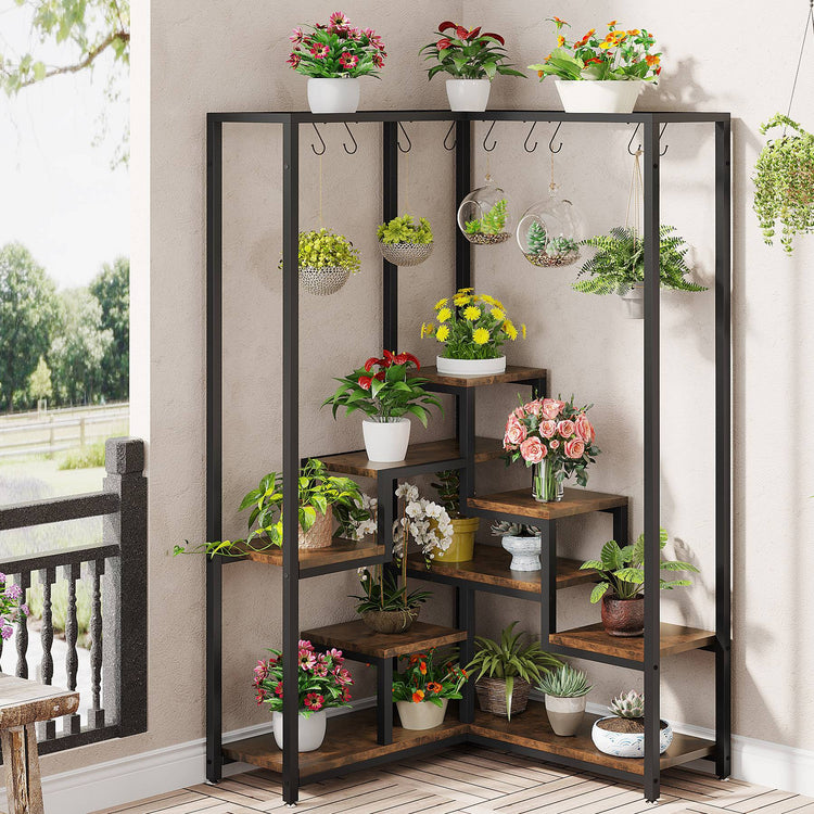 Corner Plant Stand, 70.9" Corner Flower Shelf with S Hanging Hooks Tribesigns