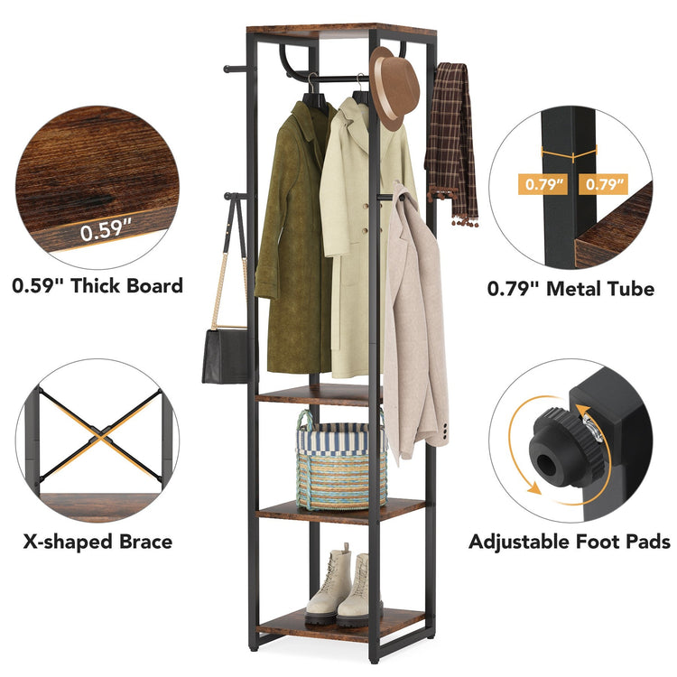 Coat Rack, Freestanding Corner Hall Tree with 4 Shelves 8 Hooks Tribesigns