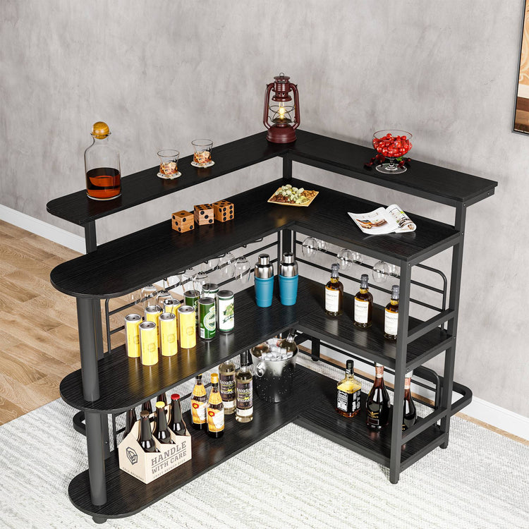 Home Bar Unit, 4 Tier L-Shaped Liquor Bar Table with Storage Shelves Tribesigns