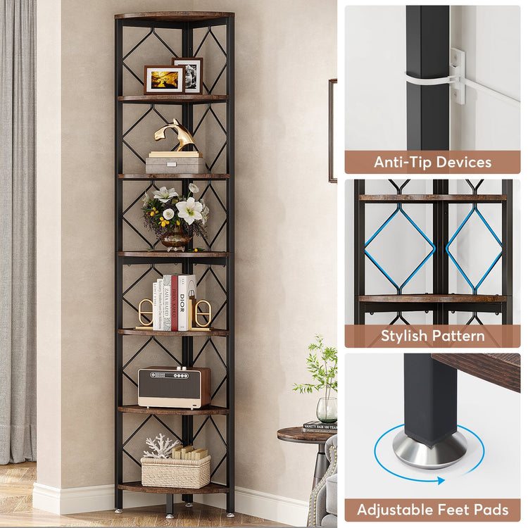 7-Tier Corner Shelf, 78.7” Corner Bookcase Slim Corner Storage Rack Tribesigns