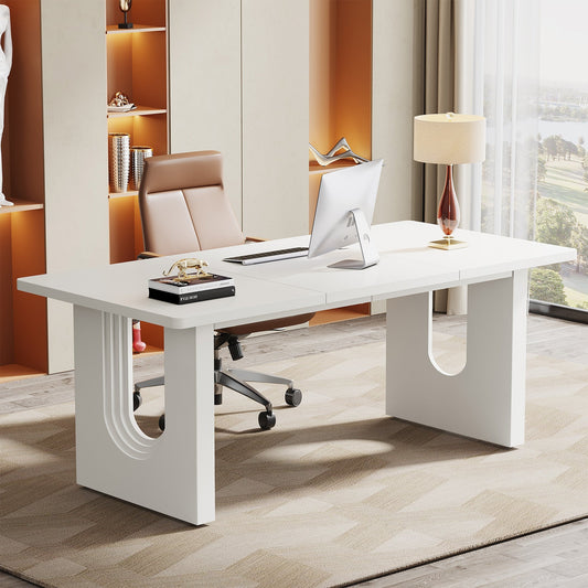 71" Executive Desk, Modern Computer Desk with Wood Double Pedestal Base Tribesigns