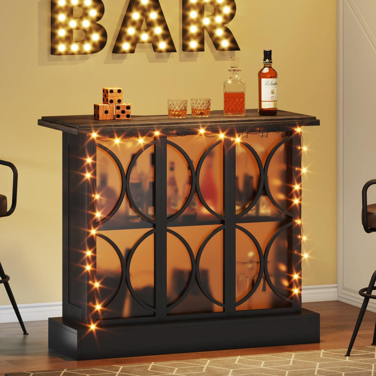 Home Bar Unit, 3-Tier Liquor Bar Table with Glasses Holder & Acrylic Front Tribesigns