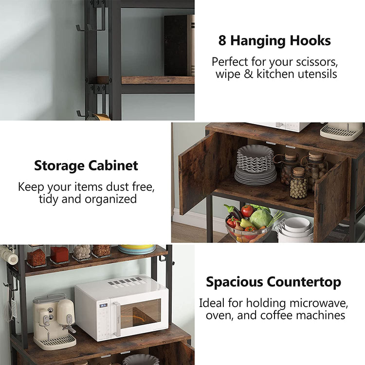 Tribesigns 5 Tier Kitchen Bakers Rack with Hutch, Cabinet & 8 Hooks