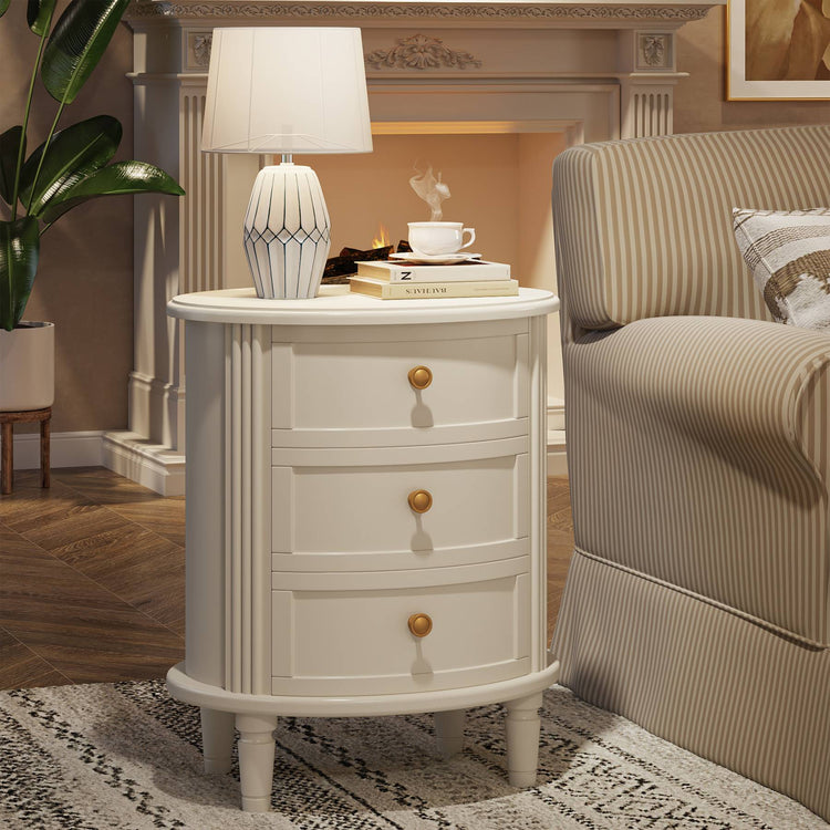 Nightstand, Off-White Bedside Table with 3 Drawers & Solid Wood Legs Tribesigns