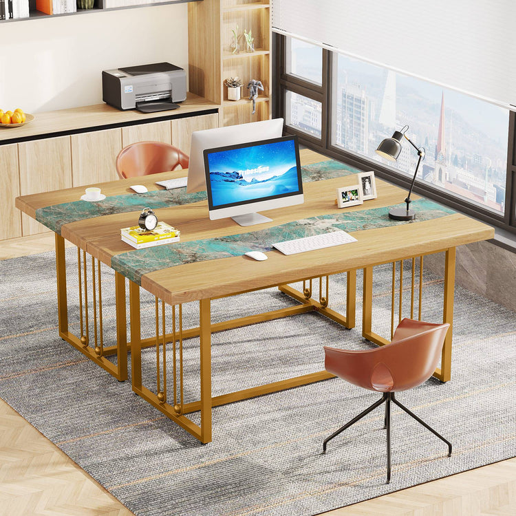 63" Executive Computer Desk with Faux Amazonian Green & Light Brown Finish Tribesigns