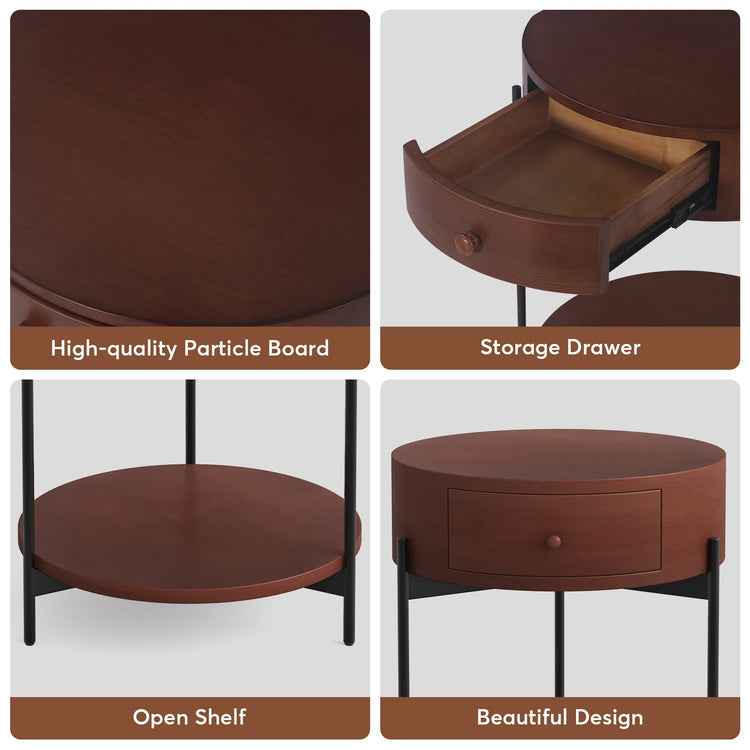 End Table, Round Bedside Table Nightstand with Drawer & Shelf Tribesigns