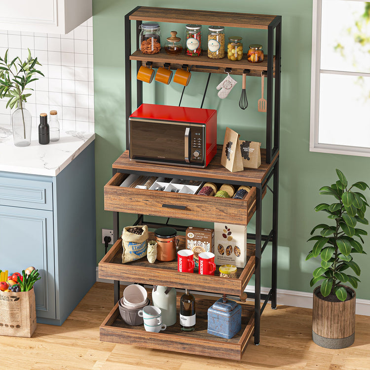 5-Tier Kitchen Baker's Rack with Power Outlets, Drawer & Sliding Shelves Tribesigns