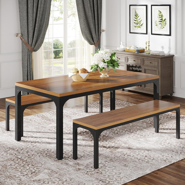 3 Pieces Dining Table Set for 6 People, Rectangular Kitchen Table with 2 Benches Tribesigns