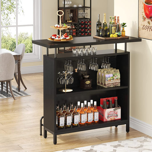 Bar Unit, 3-Tier Bar Table Liquor Cabinet with Stemware Rack Tribesigns
