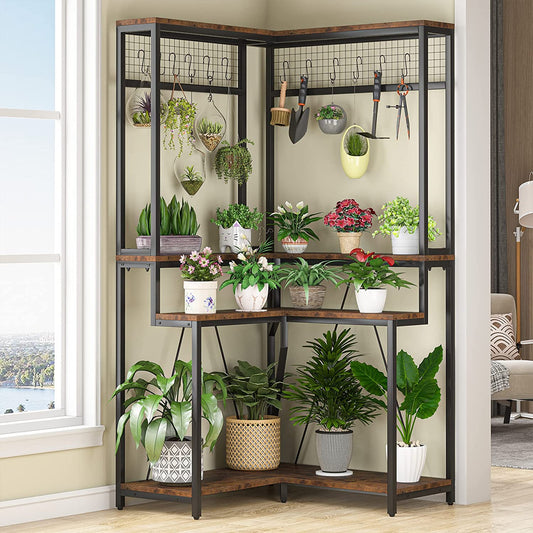 Corner Plant Stand, 67" Tall Flower Shelf with 15 Hanging Hooks Tribesigns