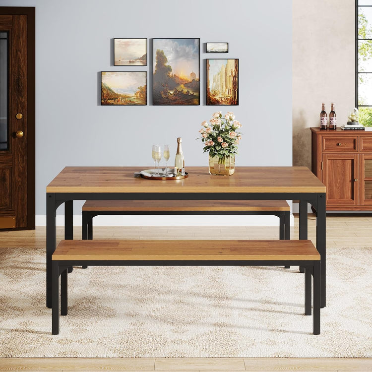 3 Pieces Dining Table Set for 6 People, Rectangular Kitchen Table with 2 Benches Tribesigns