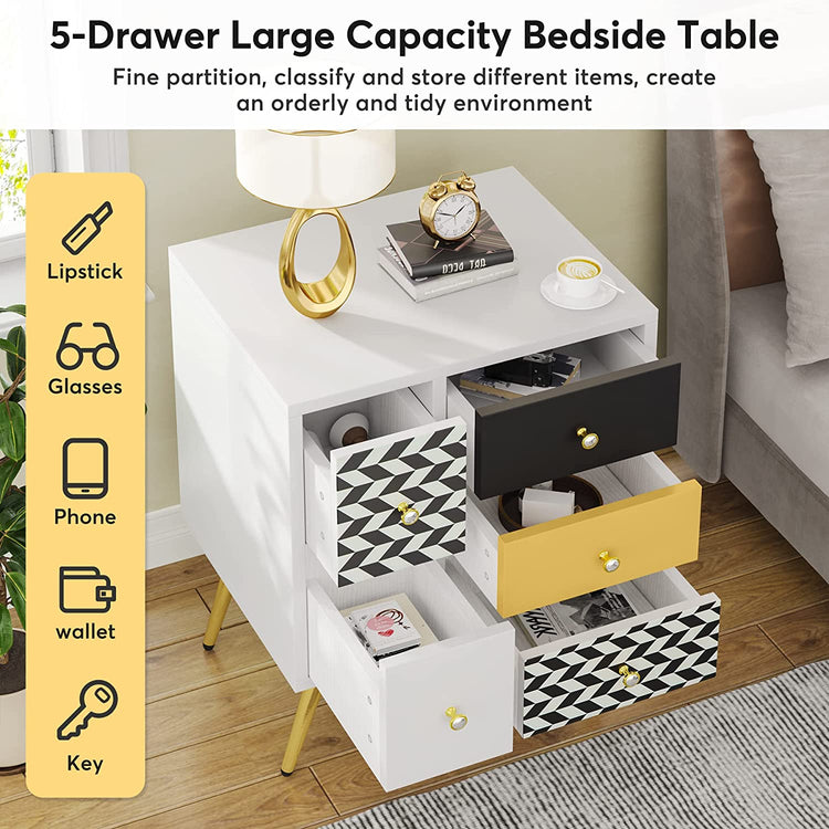 Nightstand, Modern Colorful Bedside End Table With 5 Drawers Tribesigns