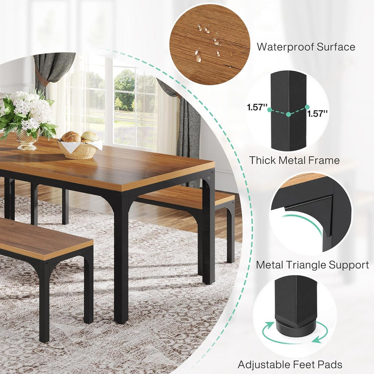 3 Pieces Dining Table Set for 6 People, Rectangular Kitchen Table with 2 Benches Tribesigns