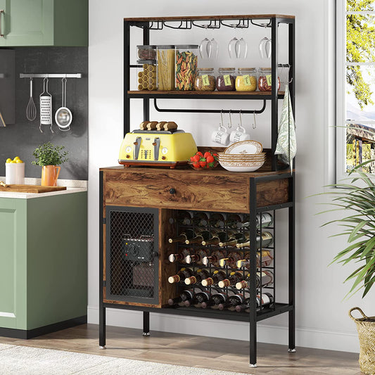 Wine Rack, 64" Wine Bar Cabinet with 6 Hooks & Drawer Tribesigns