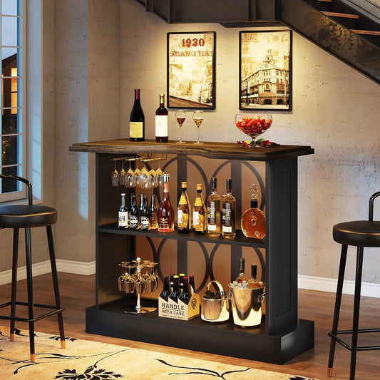 Home Bar Unit, 3-Tier Liquor Bar Table with Glasses Holder & Acrylic Front Tribesigns