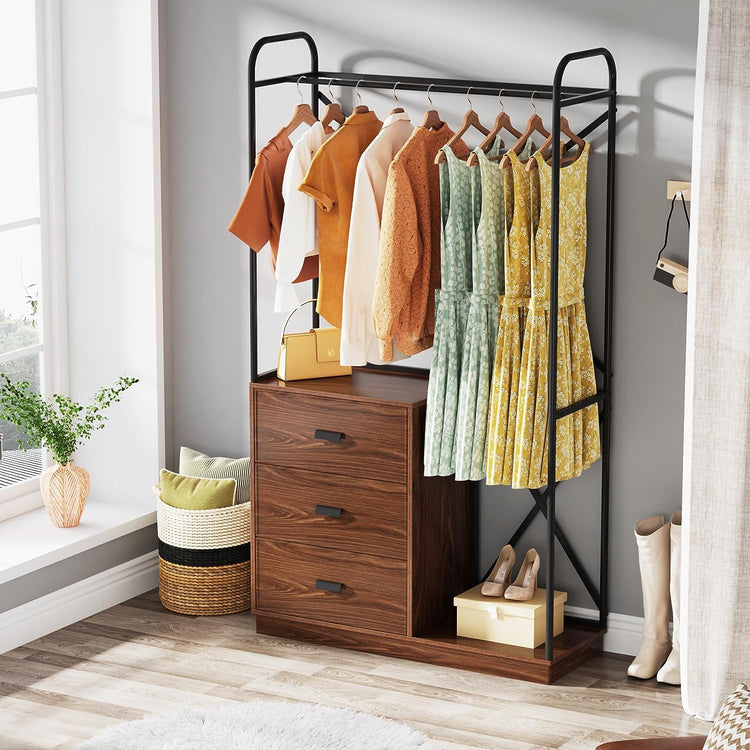 Freestanding Closet Organizer with 3 Drawers and Hanging Rod Tribesigns