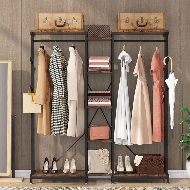 Freestanding Closet Organizer, Large Clothes Rack with Hooks & Shelves Tribesigns