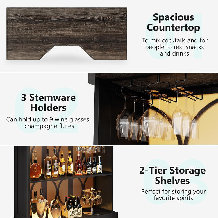 Home Bar Unit, 3-Tier Liquor Bar Table with Glasses Holder & Acrylic Front Tribesigns