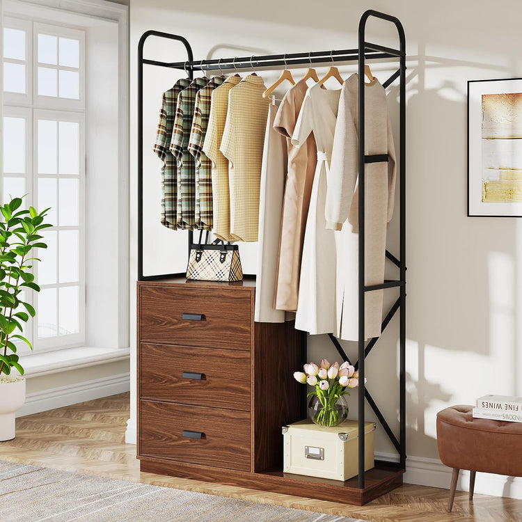 Freestanding Closet Organizer with 3 Drawers and Hanging Rod Tribesigns