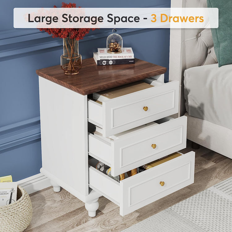 Nightstand, 3-Drawer Bedside Table with Solid Wood Legs Tribesigns