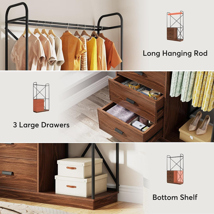 Freestanding Closet Organizer with 3 Drawers and Hanging Rod Tribesigns