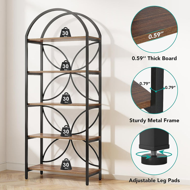 5-Tier Bookshelf, 75" Tall Arched Bookcase Display Rack Tribesigns